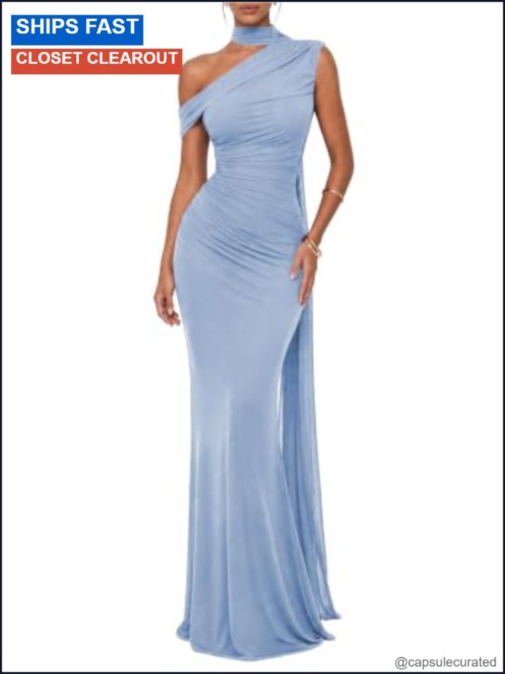 One Shoulder Mesh Ribbon Ruched Formal Maxi Dress - Picture 1 of 6